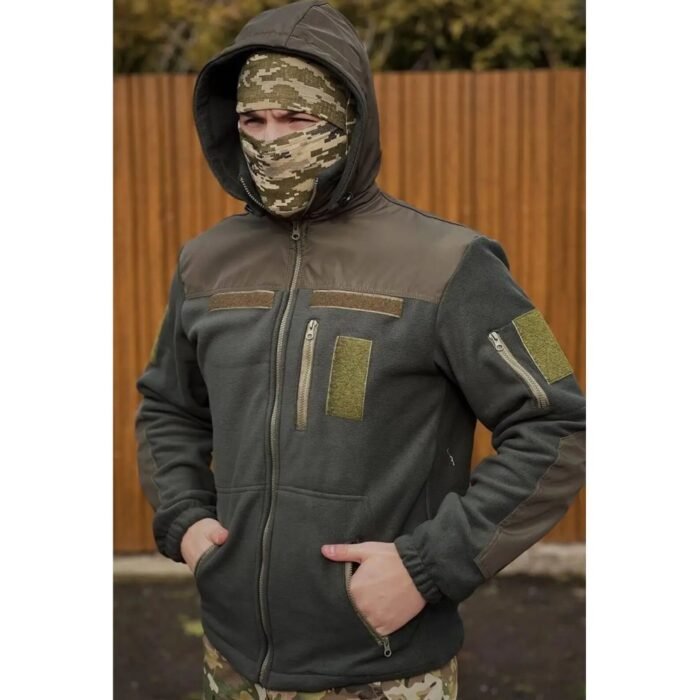 Tactical military fleece jacket in olive with hood up