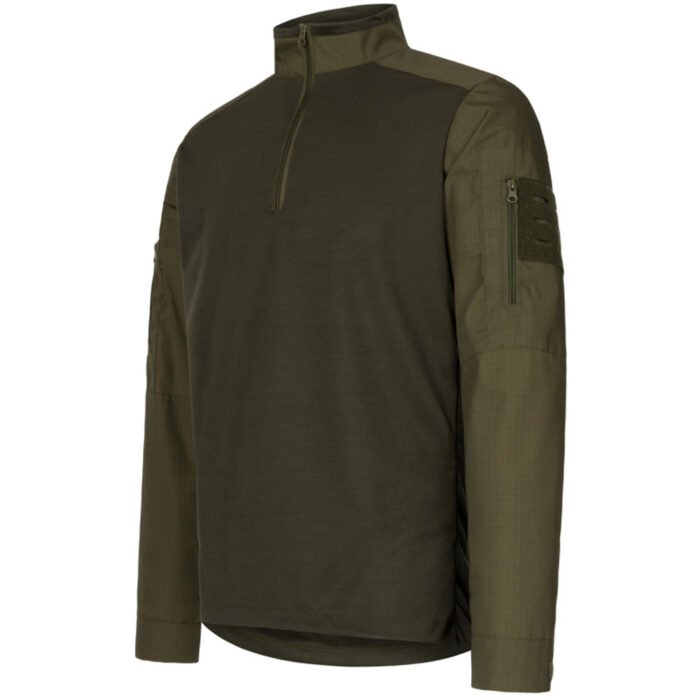 Back view of a khaki tactical UBACS shirt with contrasting sleeve material.