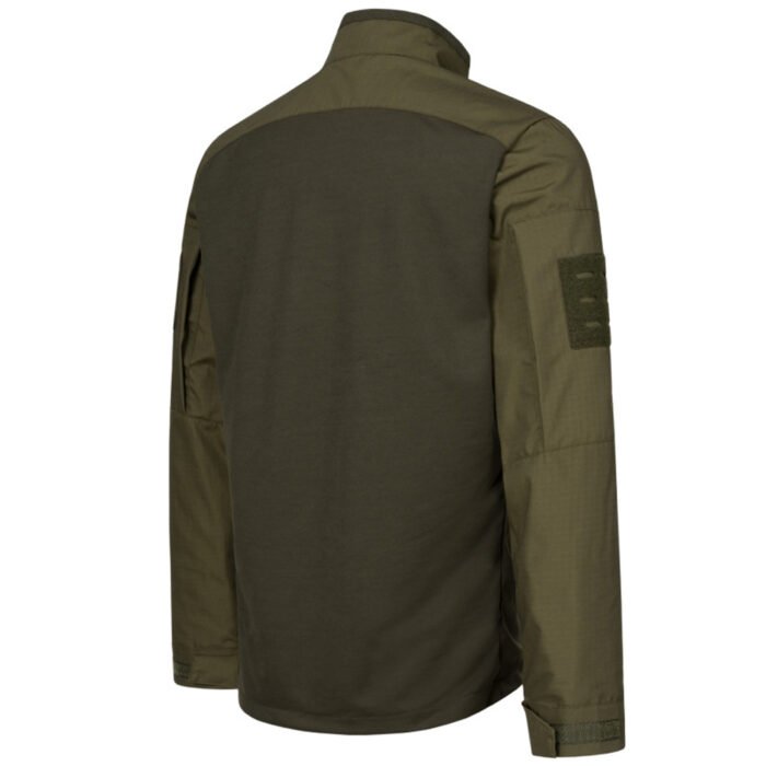 Back view of a khaki UBACS tactical shirt with olive green sleeves.