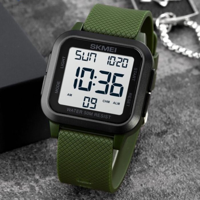 Close-up of Skmei digital display military watch with green strap, designed for tactical and survival use.