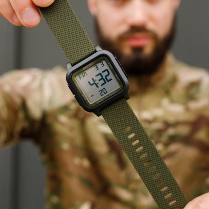 Back view of Skmei digital military watch case with a polycarbonate material for scratch resistance.