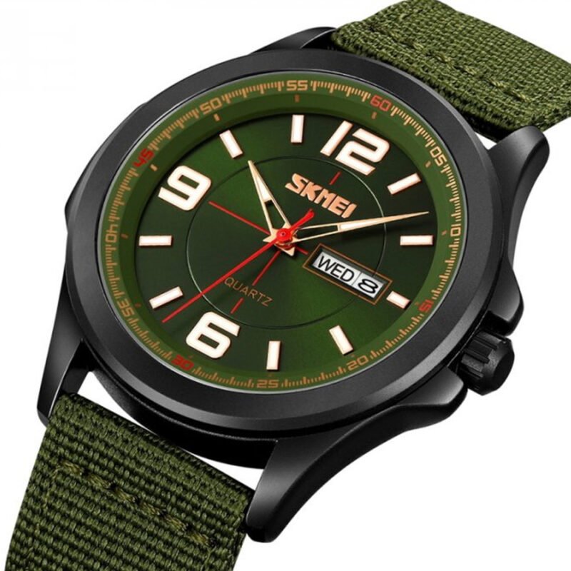 A close-up of a tactical wristwatch, highlighting its green dial, bold white numbers, and red second hand. The black steel casing adds a rugged, military feel to the watch.