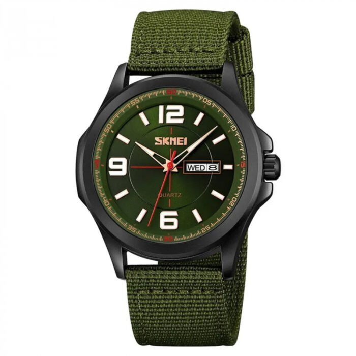 A green-faced tactical wristwatch with black steel casing and durable green fabric strap, displaying the day and date. Designed for rugged conditions and outdoor adventures.