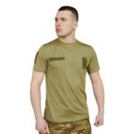 Front view of an olive green t-shirt with horizontal and vertical Velcro patches.