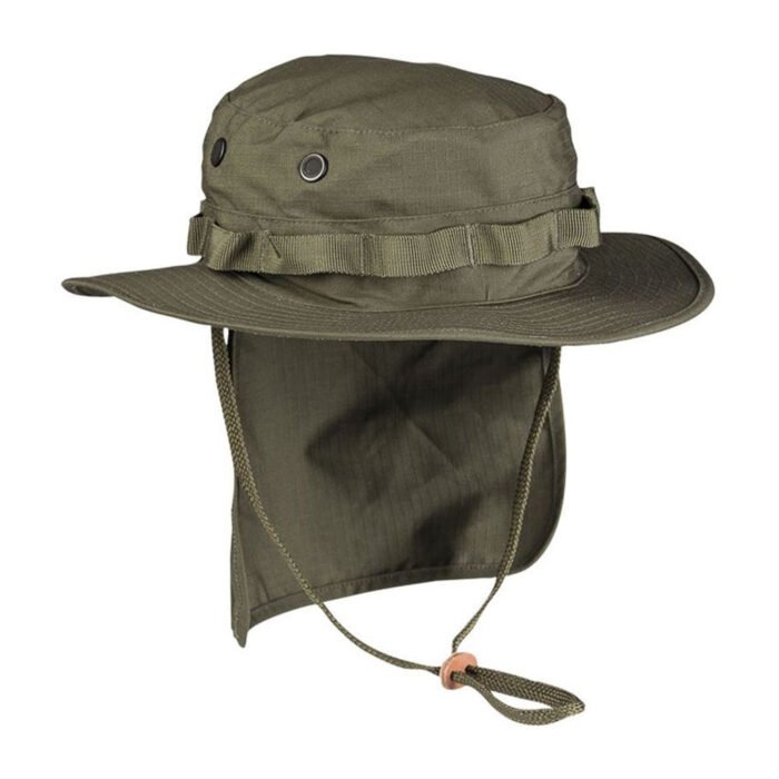 Olive tactical Panama hat with a wide brim, chin strap, and neck protection flap, featuring side ventilation grommets and an adjustable strap.