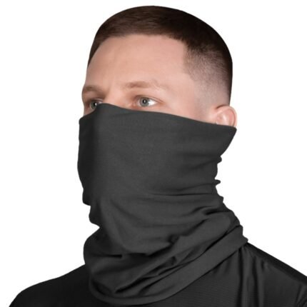 Man wearing a black neck gaiter for tactical and outdoor use.