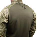 Back view of a man wearing a UBACS shirt in pixel camo with olive green torso.