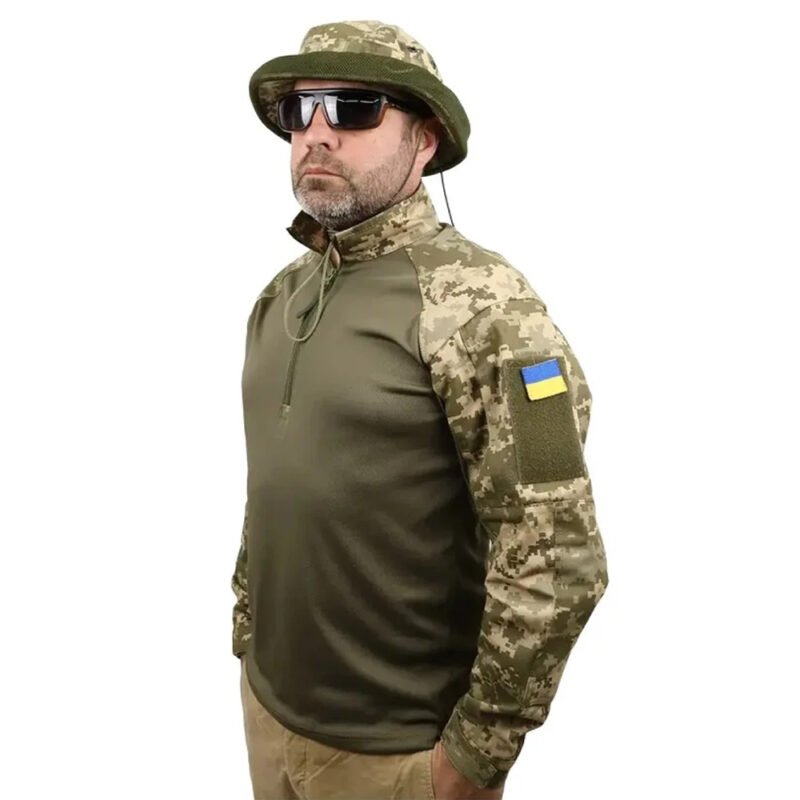 Front view of a Ukrainian army UBACS shirt featuring pixel camouflage.