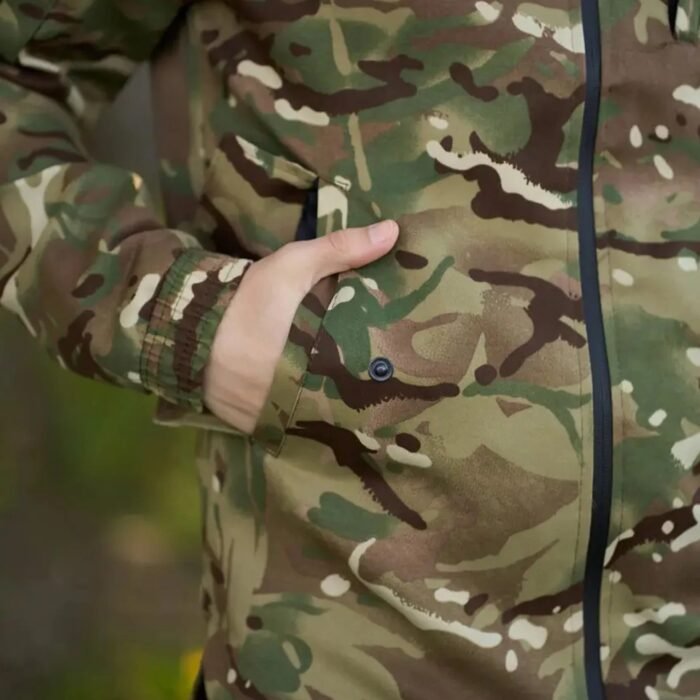 Front view of Ukrainian army multicam jacket with secure button pocket and camo pattern.