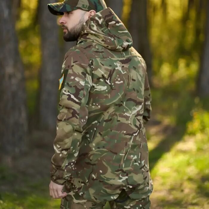 Rear angle of Ukrainian multicam hooded jacket highlighting the adjustable hood strings.