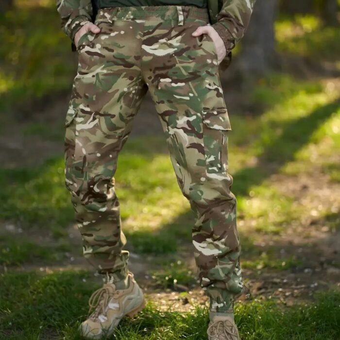 Close-up of Ukrainian army multicam trousers showcasing the camouflage pattern and pocket detail.