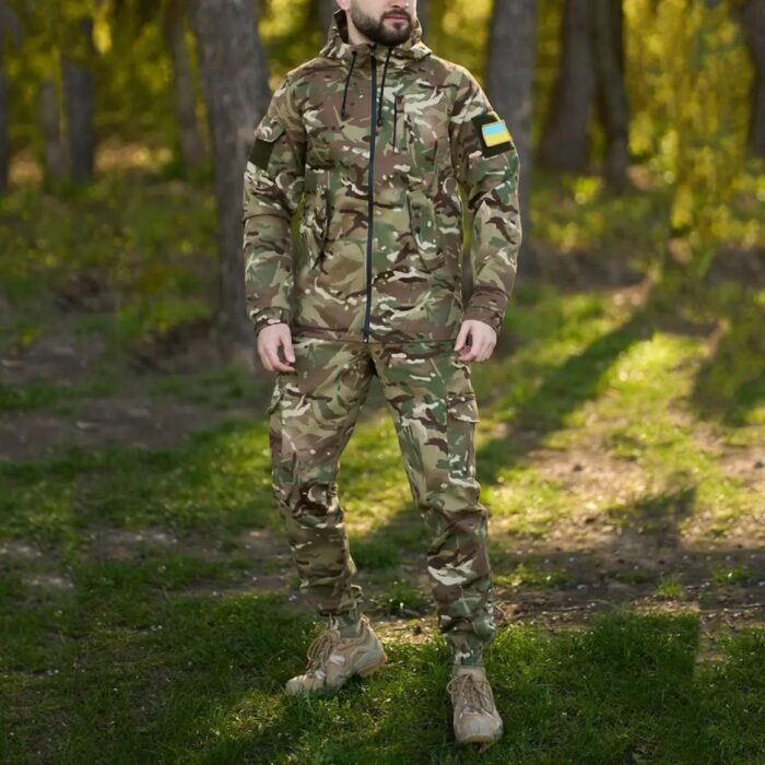 Full-body view of Ukrainian army multicam uniform being worn outdoors, complete with hood and tactical boots.