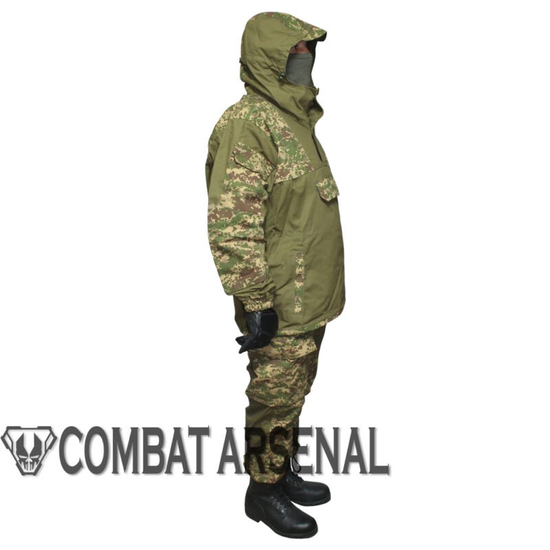 Side view of the Gorka 4 tactical uniform in predator camouflage, designed for military missions and outdoor activities.