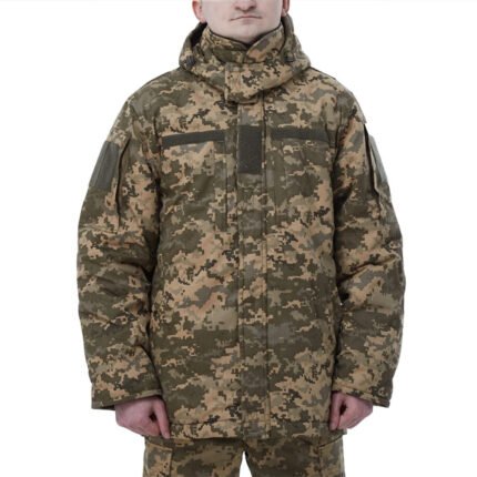 Front view of the Ukrainian Army Winter Coat in MM-14 pixel camouflage, showcasing its tactical design and durable construction.