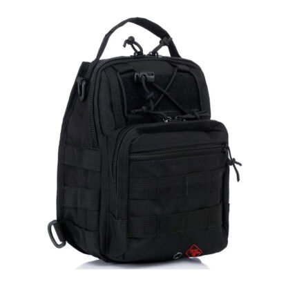 Black tactical mini backpack with multiple compartments and MOLLE webbing.