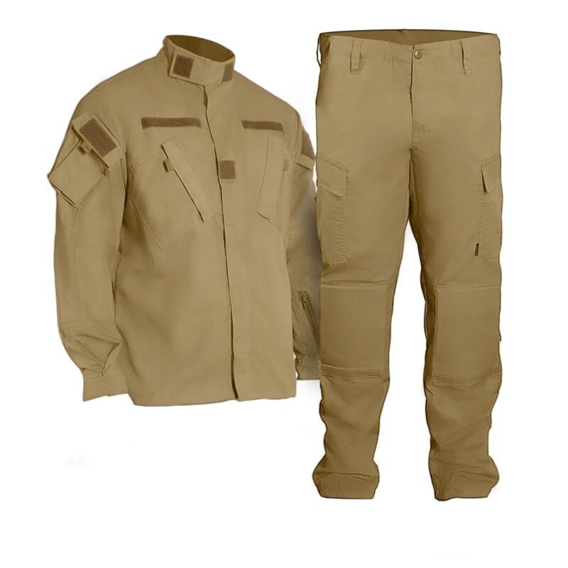 Coyote Ukrainian military combat jacket with tactical pockets, ripstop fabric, and Velcro patches for military and airsoft use.