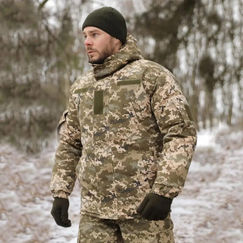 Ukrainian Army Winter Pixel Pea Coat with fleece insulation and tactical features for harsh weather.