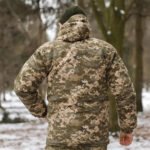 Back view of the Ukrainian Army Winter Pea Coat showcasing its full-length design and camouflage pattern.