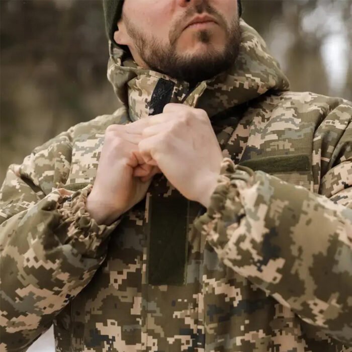 "Close-up of the adjustable hood and tactical zipper of the Ukrainian Army Winter Pixel Jacket.