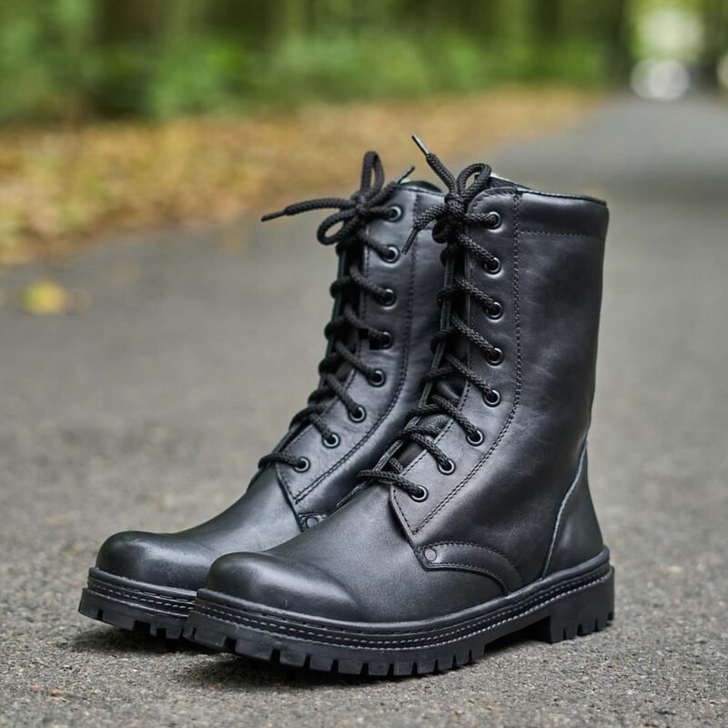 Pair of black leather winter combat boots on a forest path, designed for airsoft, military, and outdoor tactical activities.