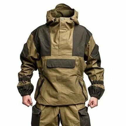 Front view of Gorka 4 combat jacket with a kangaroo pouch and adjustable elastic cuffs, perfect for military or outdoor activities.