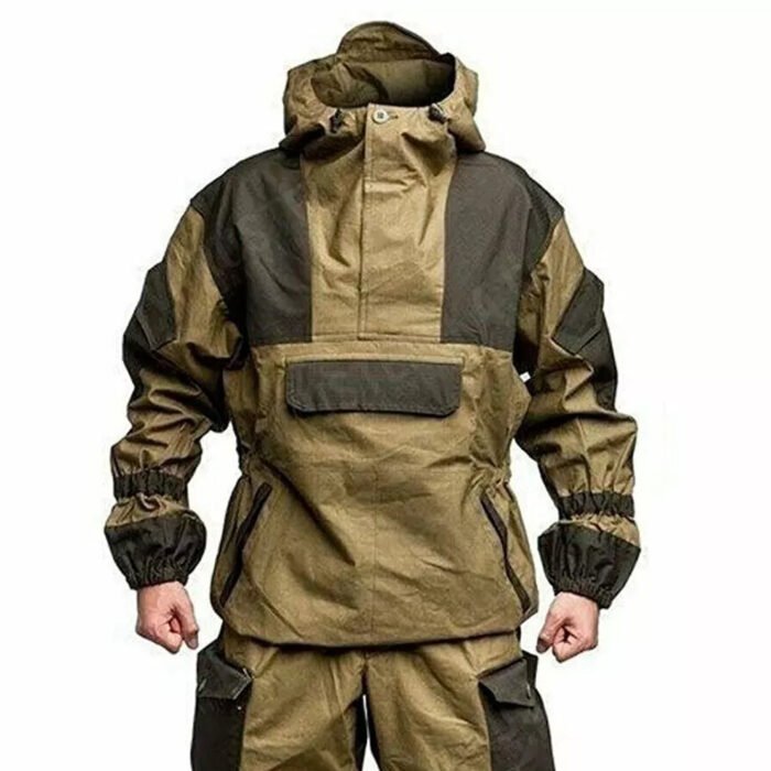 Front view of Gorka 4 combat jacket with a kangaroo pouch and adjustable elastic cuffs, perfect for military or outdoor activities.