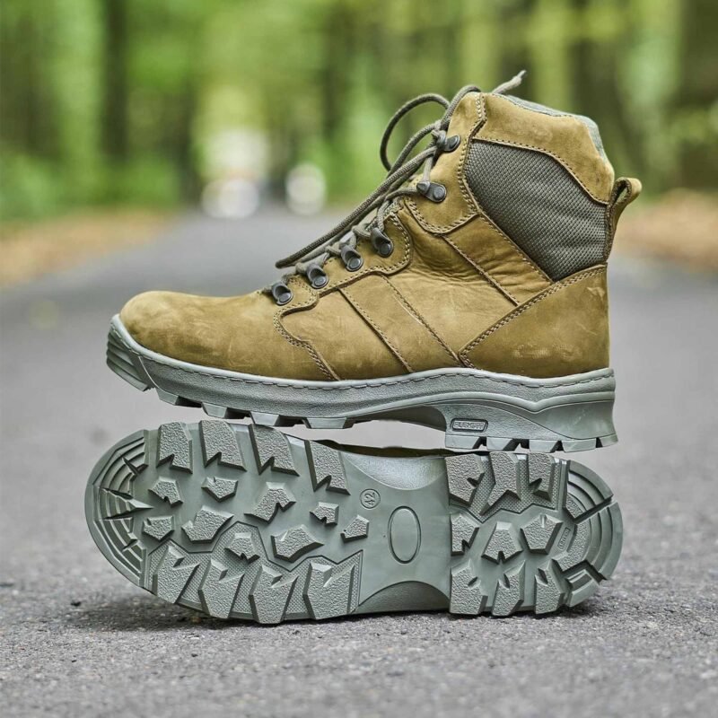 Khaki tactical shoes designed for military and outdoor use, featuring durable leather and a rugged sole for ultimate performance.