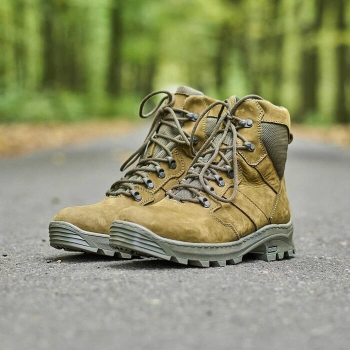 Khaki tactical shoes made in Ukraine by Tera, designed with high-grade leather and robust rubber soles for military, airsoft, and hiking purposes.