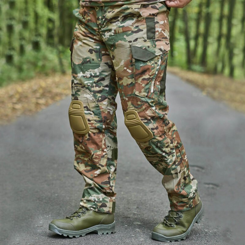 Full view of Ukrainian multicam pants with ripstop fabric and knee pads.