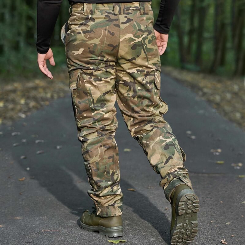 Rear view of the multicam fleece pants showing pocket placement and fit.