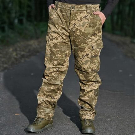 Front view of winter tactical pants with pixel camo design.