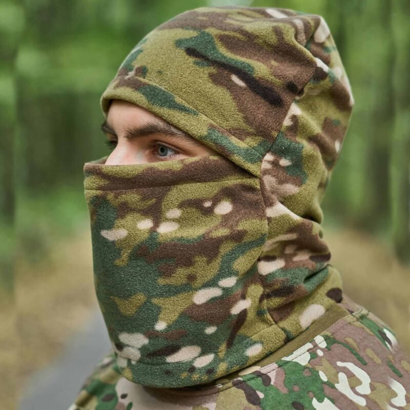 Side view of a military balaclava in Multicam camouflage, perfect for airsoft and outdoor activities.