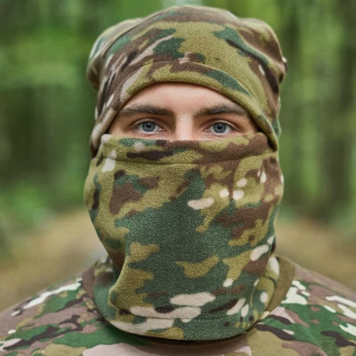 Close-up of a man wearing a Multicam winter balaclava, a tactical face mask used by the Ukrainian army.