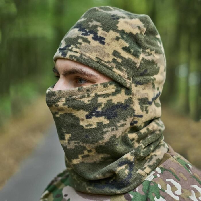 Front view of a winter fleece balaclava in pixel camouflage, perfect for airsoft, tactical use, and outdoor sports.