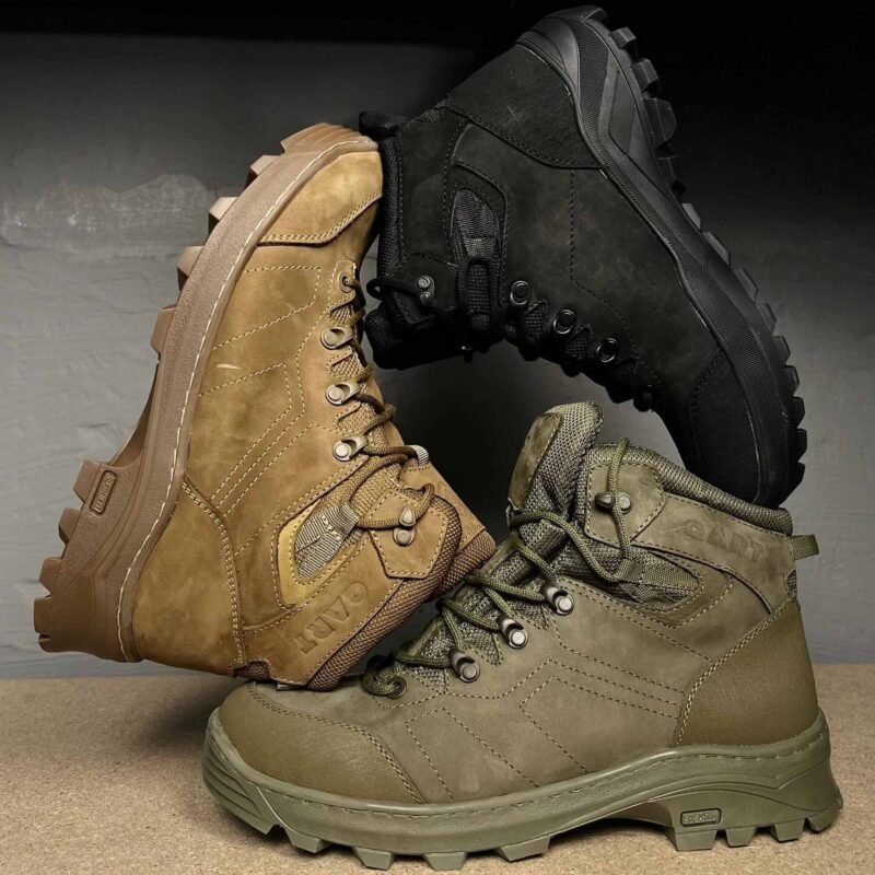 A set of olive, black, and coyote Temp tactical shoes stacked together, showcasing rugged leather combat boots for military, airsoft, and outdoor activities.