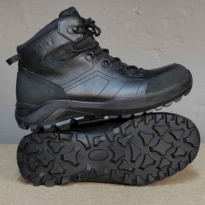 Black Temp tactical shoes with reinforced leather, durable rubber sole, and secure lacing system, designed for military, airsoft, and outdoor use.