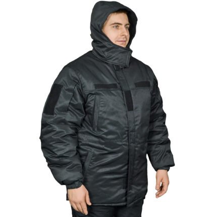 Side view of a winter tactical coat with an adjustable hood and tactical pockets.