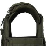 Padded shoulder area of olive tactical vest