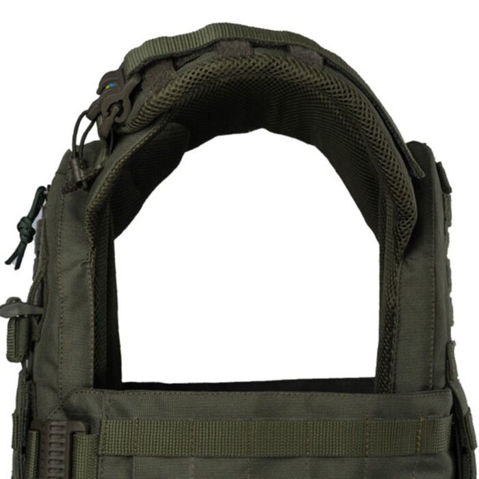 Padded shoulder area of olive tactical vest