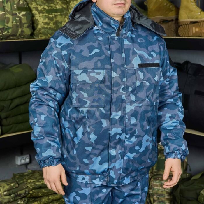 Tactical digital blue camouflage winter jacket with multiple pockets and a front zipper closure.