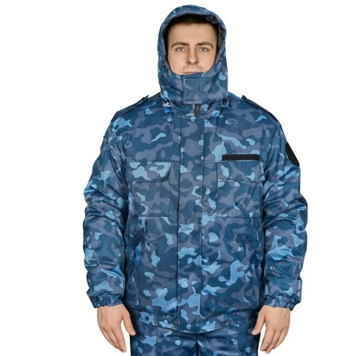 Front view of a digital blue camouflage winter jacket with a hood, ideal for military and tactical use.