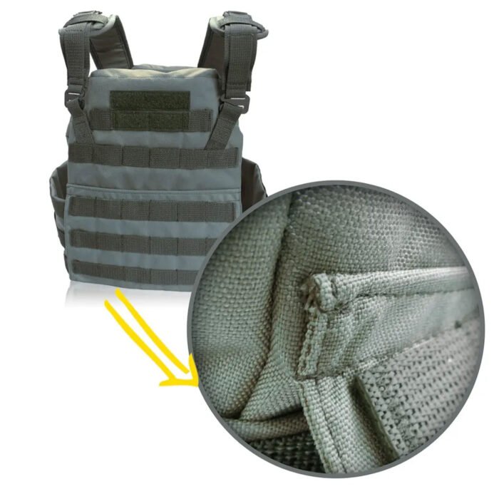 Front and side view of full olive plate carrier vest