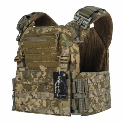 Angled view of pixel military plate carrier vest showing shoulder and side details