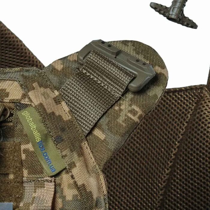 Angled view of the tactical chest armor showing MOLLE system, adjustable shoulders, and breathable mesh