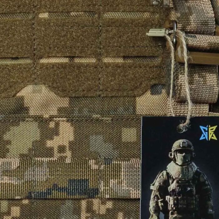 Front view of pixel camouflage plate carrier vest with MOLLE system and quick-release buckles