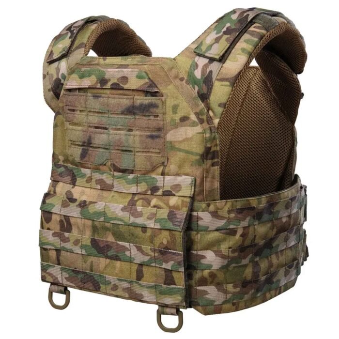 Top close-up of shoulder strap on multicam camo vest