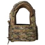 MOLLE panel and strap on military vest in multicam pattern