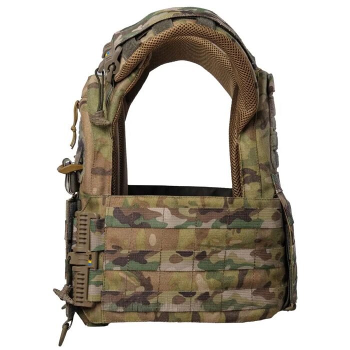 MOLLE panel and strap on military vest in multicam pattern