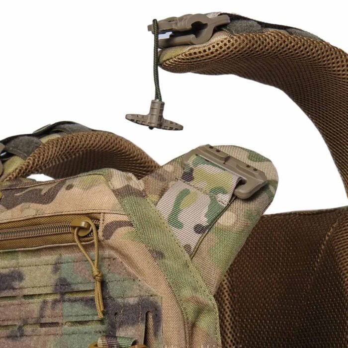 Close-up of side release buckle and camo fabric