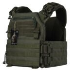 Olive green modular vest angled view showing padded shoulders and tactical gear loops
